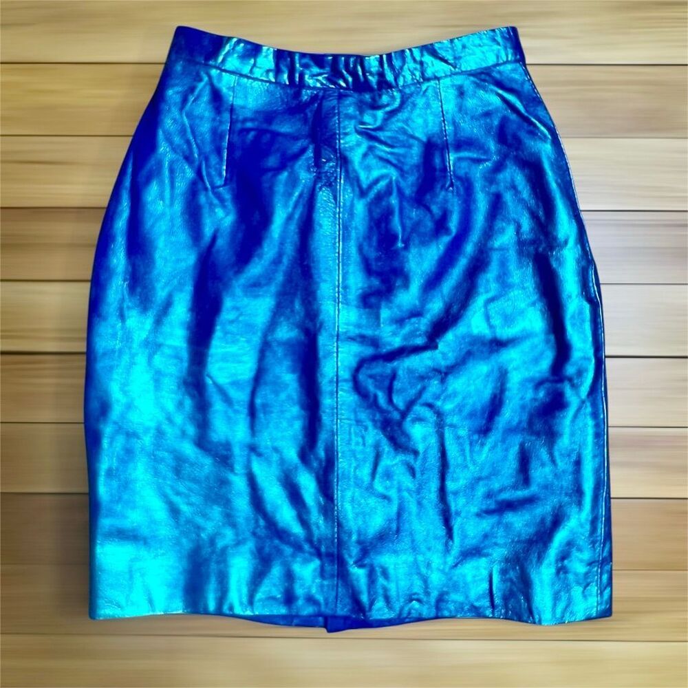 Michael Hoban x North Beach Leather Upcycled Metallic Blue Mini Pencil Skirt 3/4
